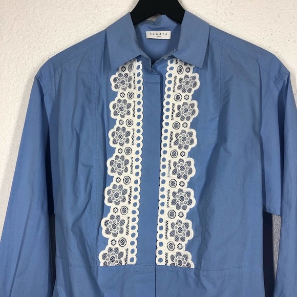 Sandro Paris Blue Cox Poplin Lace Shirt Dress Long Sleeve Button Down 38 M - Picture 3 of 16